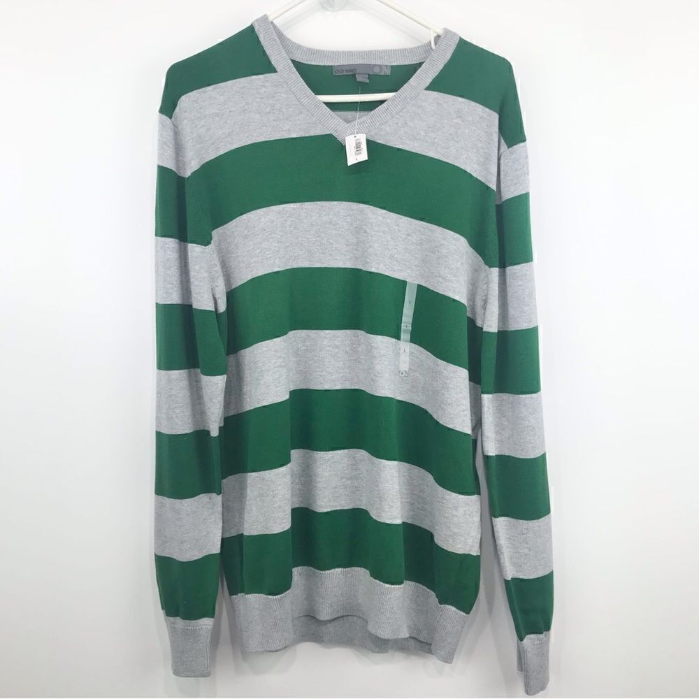 Old Navy New with Tags Green Gray Striped V Neck Sweater